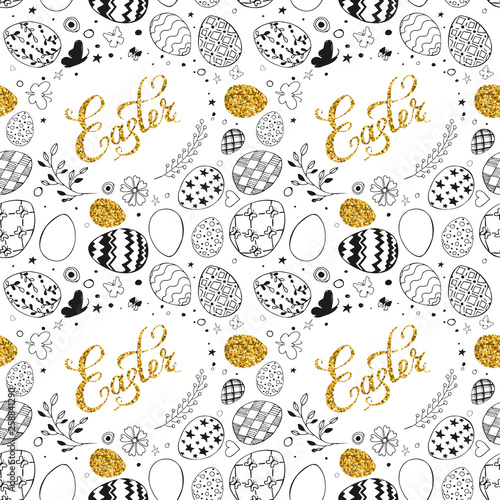 Seamless easter pattern with gold glitter lettering Easter, ornamental black hand drawn eggs, leaves, butterflies on white background. Easter holiday background. Vector illustration.