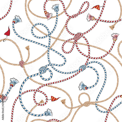 Trendy Vector Summer Nautical mood Seamless vector seamless pattern with sea ropes and flag