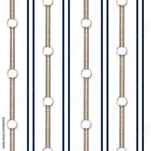 Seamless vector pattern background with hand drawn chain, and summer nautical rope in vertical stripe design for fashion,fabric,wallpaper,web and all prints