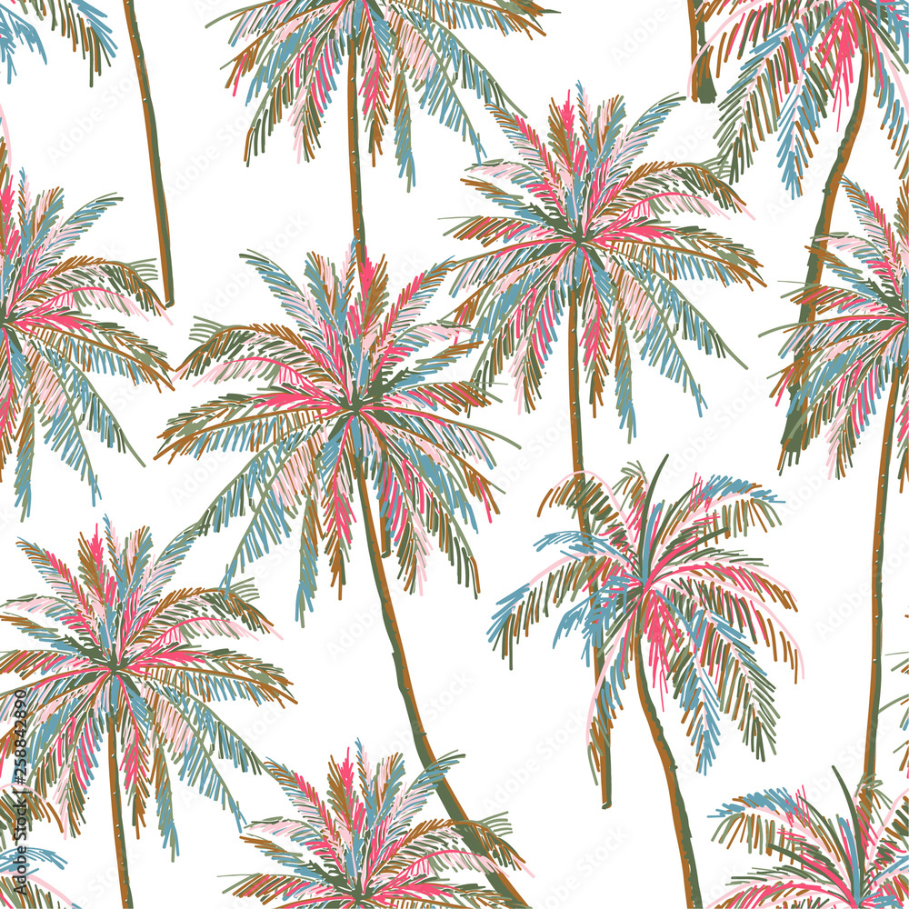 Silhouette pattern Colorful Summer seamless drawn palm trees  , pattern,vecto
