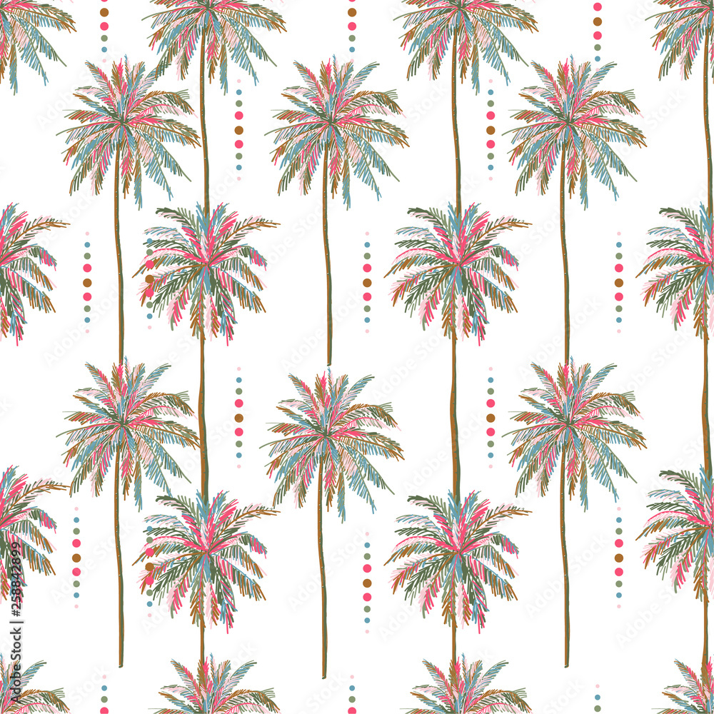Obraz premium Beautiful seamless vector summer colorful palm tree pattern and polka dots