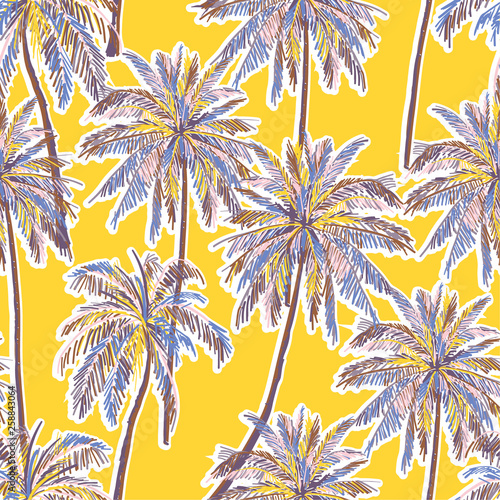 Fototapeta Naklejka Na Ścianę i Meble -  Bright Summer seamless colorful palm trees pattern on vivid yellow background. Landscape regular pattern,