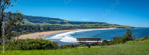A restful bench with a panoramic view of Werri Beach, Gerringong, New South Wales, NSW, Australia