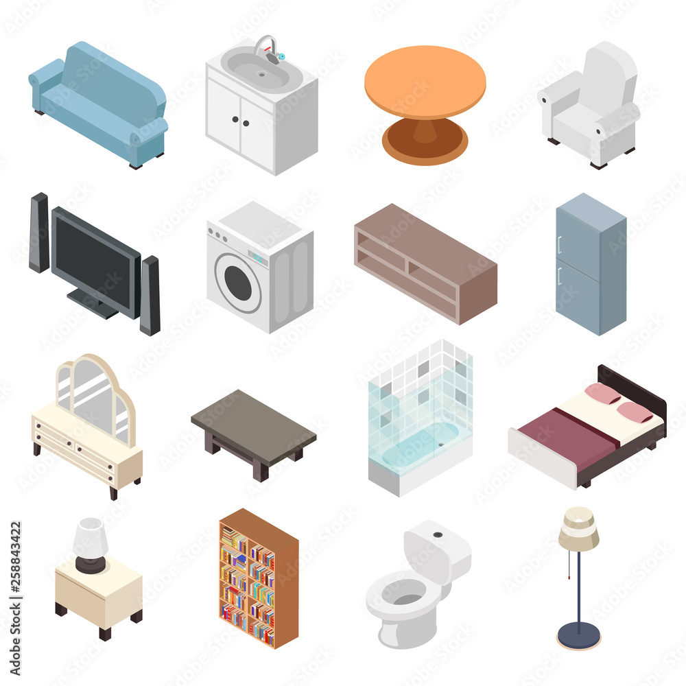 Bathroom isometric furniture set toilet sink washing machine shower modern room cutaway flat design isolated icons concept vector illustration