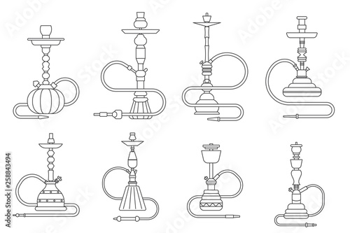 Lineart oriental culture smoke cloud arabian cafe hookah shisha turkish aroma lifestyle outline isolated icons set vector illustration