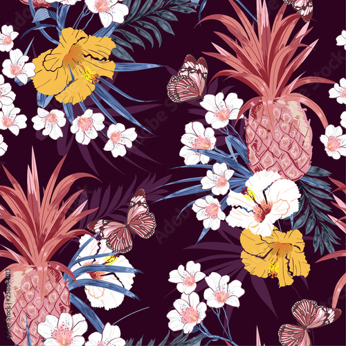 Colorful retro dark tropical forest exotic flowers bird of paradise ,hibiscus , palm leaves seamless vector pattern,design for fashion,fabric,wallpaper,web and all prints