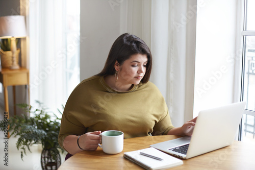 Attractive dark ahired chubby female freelancer sitting at nice cafe checking e-mail and having morning coffee, using generic laptop computer and holding mug, looking at screen, reading world news