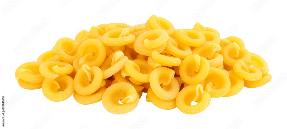 Group of dischi pasta shapes made from Durham wheat isolated on a white background