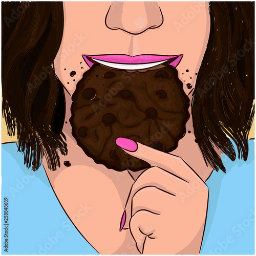 Woman eat double chocolate cookie hand drawing portrait photo