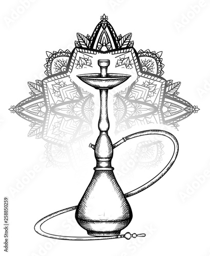 Black and white illustration of hookah with hatching and tracery black and white zen mandala. Vector engraving element for menu, cards and your design.