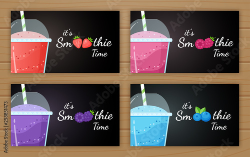 Berry smoothie logo vitamin drink vector illustration. Set of smoothie logo, glass, filled with sweet tasty colorful smoothies drink cocktail for drink energy promo landing page. Clipping mask applied