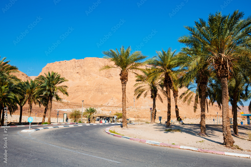 MASADA, ISRAEL - MARCH 22, 2019: Road entrance to Masada oasis is an ancient fortification in the Southern District of Israel situated on top of an isolated rock plateau