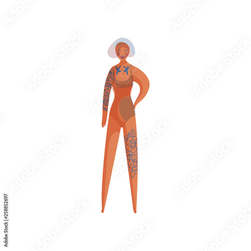 Beautiful woman with tattoos on white background.