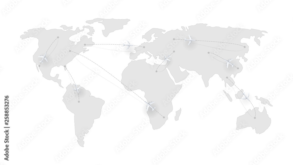 Fototapeta premium Flight routes of the airplanes, dashed lines of track. Realistic icons of airliners above the earth map. Air transport between countries and continents. Vector 3d illustration isolated on white