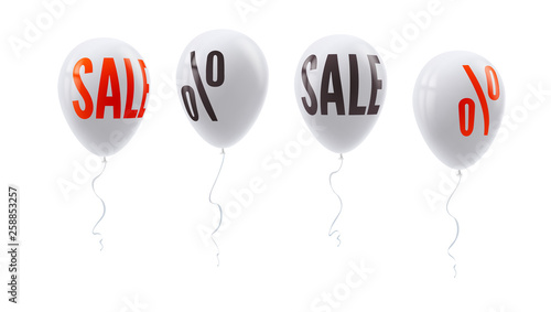 Set of colored balloons with percent and sale sign. Symbol of discount isolated on white background. Set of icons for retail  shopping  markets. White balloons floating in the air
