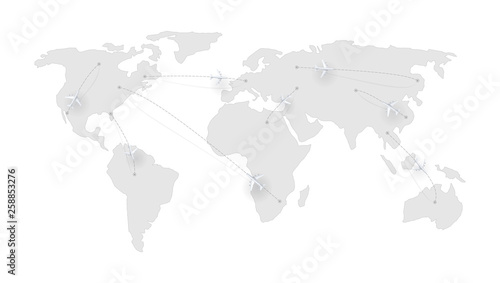Fototapeta Naklejka Na Ścianę i Meble -  Flight routes of the airplanes, dashed lines of track. Realistic icons of airliners above the earth map. Air transport between countries and continents. Vector 3d illustration isolated on white