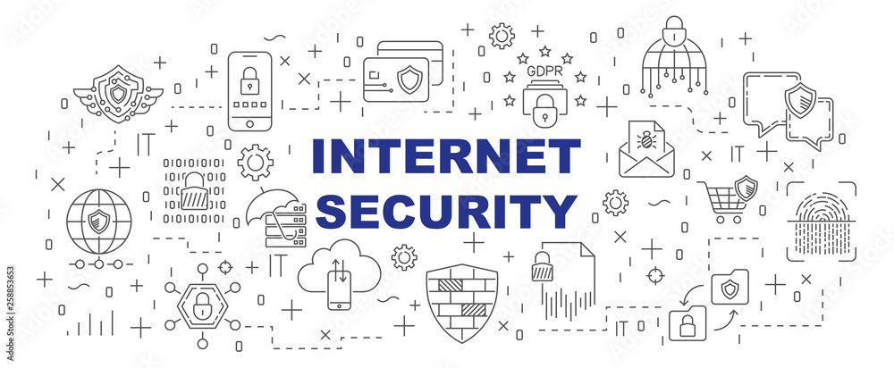 Internet Security vector banner design concept, line style with thin line art icons on white background. Editable Stroke. EPS 10