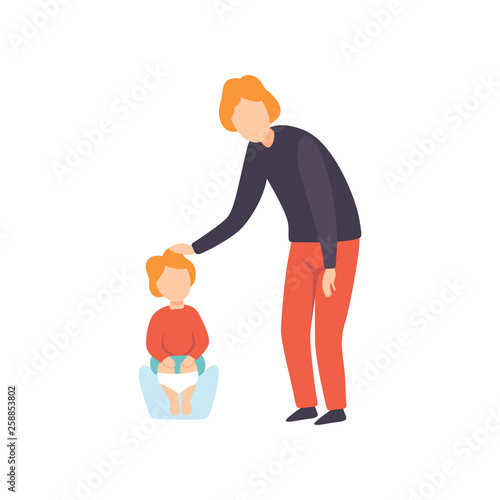 Cute Little Toddler Baby Sitting on Potty, Parent Taking Care of His Child Vector Illustration
