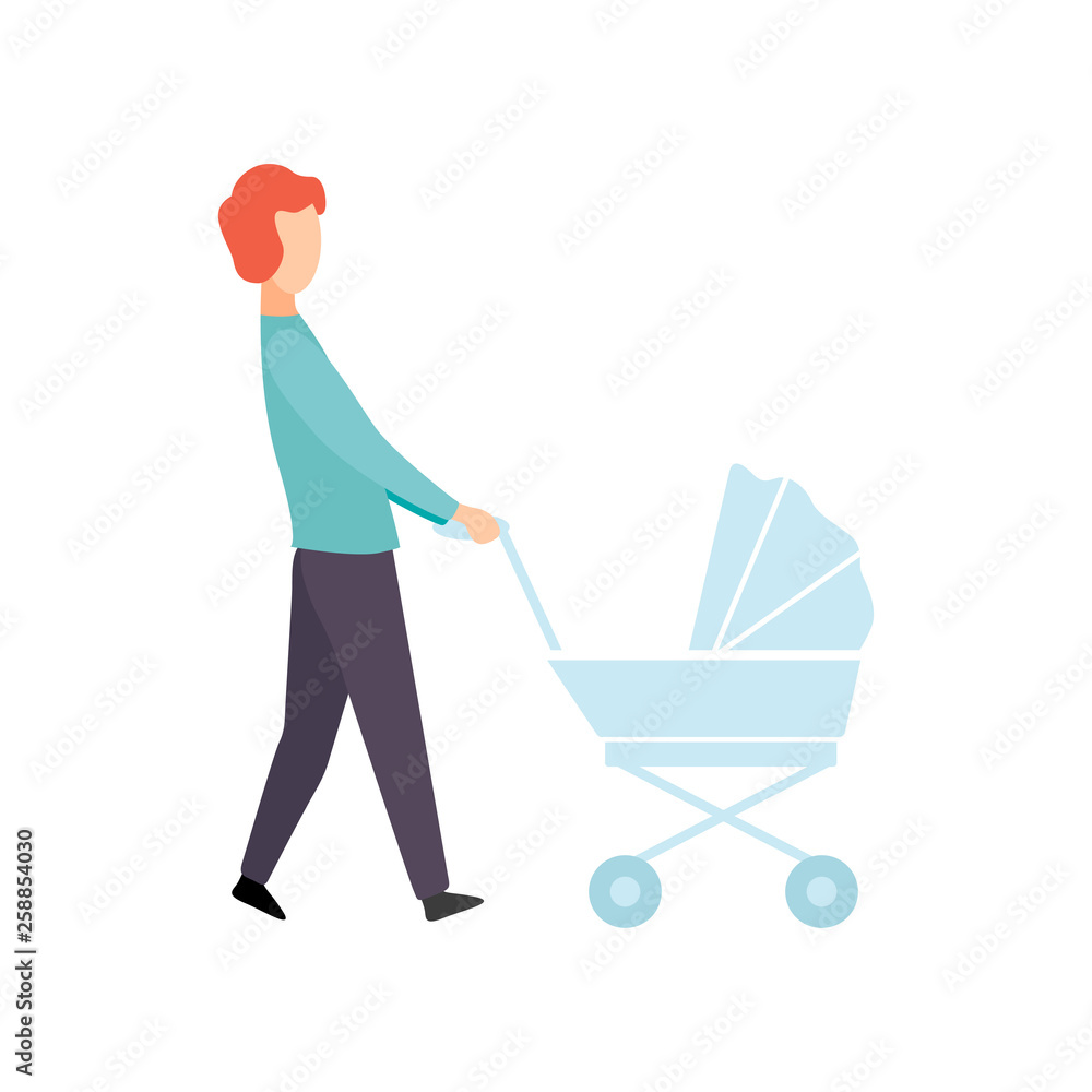 Father Walking with Baby Stroller, Parent Taking Care of His Child Vector Illustration Father Walking with Baby Stroller, Parent Taking Care of His Child Vector Illustration