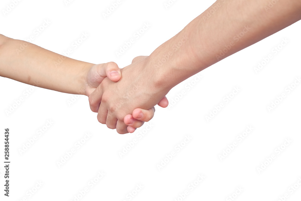 Shaking hands of two male people on background.