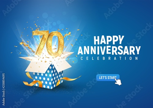 70 th years anniversary banner with open burst gift box. Template seventieth birthday celebration and abstract text on blue background vector illustration