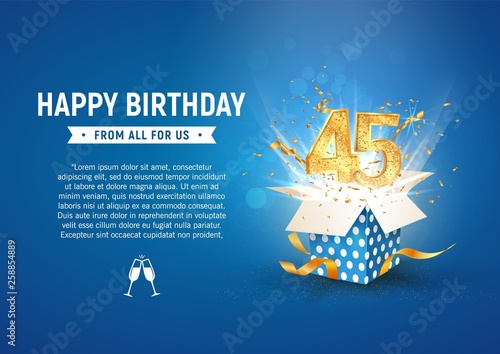 45 th years anniversary banner with open burst gift box. Template forty fifth birthday celebration and abstract text on blue background vector Illustration