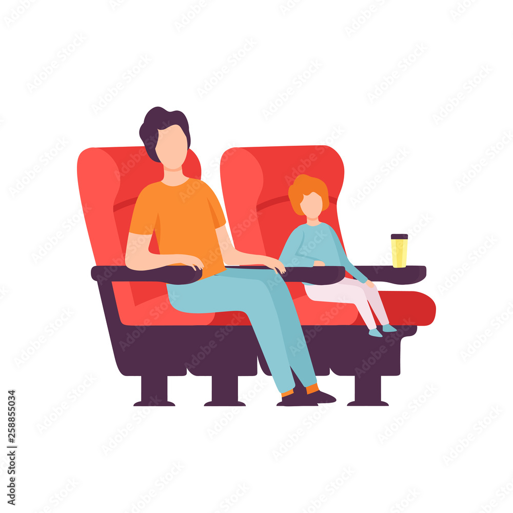Father and His Son Sitting in Cinema Theatre and Watching Movie Vector Illustration Father and His Son Sitting in Cinema Theatre and Watching Movie Vector Illustration