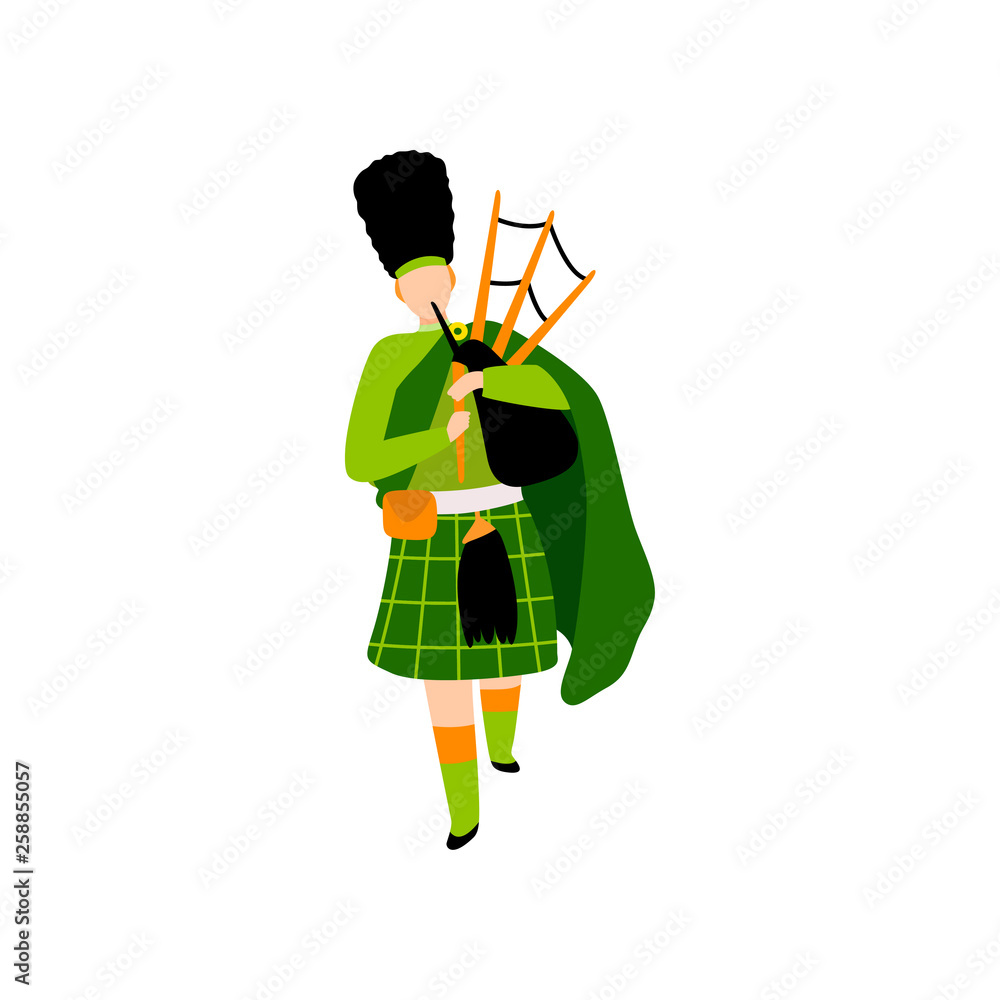 Male Bagpiper in Green Irish Costume Playing Bagpipe, Man Celebrating Saint Patrick Day Vector Illustration Male Bagpiper in Green Irish Costume Playing Bagpipe, Man Celebrating Saint Patrick Day Vector Illustration