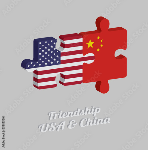 Jigsaw puzzle 3D of America flag and China flag with text: Friendship USA & China. Concept of Friendly between both countries.