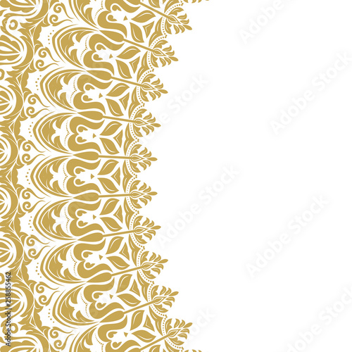 Oriental pattern with golden arabesques and floral elements. Traditional classic ornament. Vintage pattern with arabesques