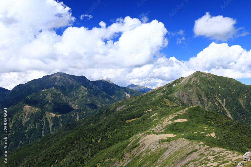Naklejka premium 南アルプス光岳への道 縦走路から見る南アルプス南部の山々 上河内岳稜線と 聖岳 赤石岳 悪沢岳遠景