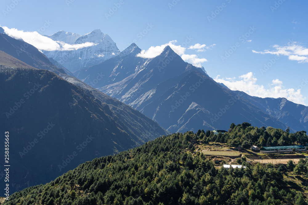 Kusum Kanguru mountain peak view from Namche Bazaar village, Himalayas mountain, Nepal