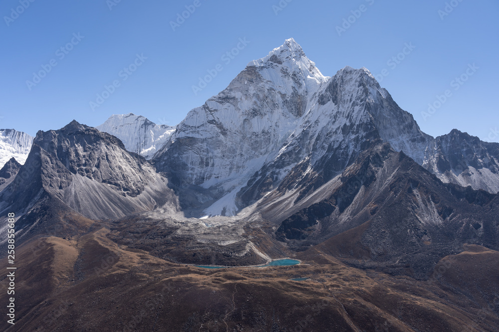 Ama Dablam peak, most famous peak in Everest region view from Dingboche, Himalayas mountain range, Nepal