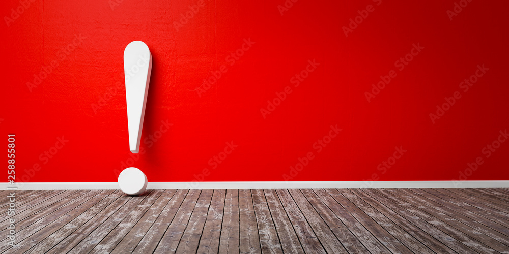 White exclamation mark on wooden floor and concrete wall 3D Illustration Warning Concept - obrazy, fototapety, plakaty 