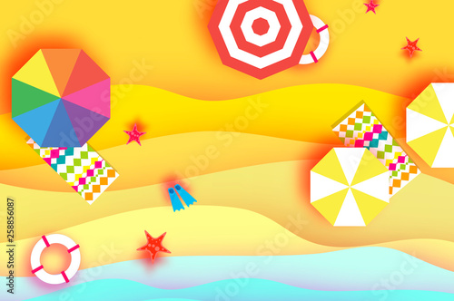 Top view Parasols - umbrella in paper cut style. Origami sand beach with summer equipment . Beach rest. Vacation and travel concept. Space for text.