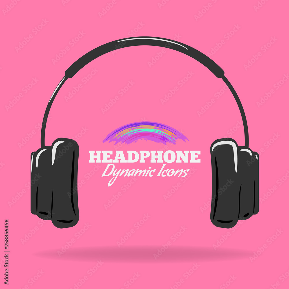 Headphones icon. Black symbol isolated on pink color. Flat and cartoon style Vector illustration. Headphones icon. Black symbol isolated on pink color. Flat and cartoon style Vector illustration.