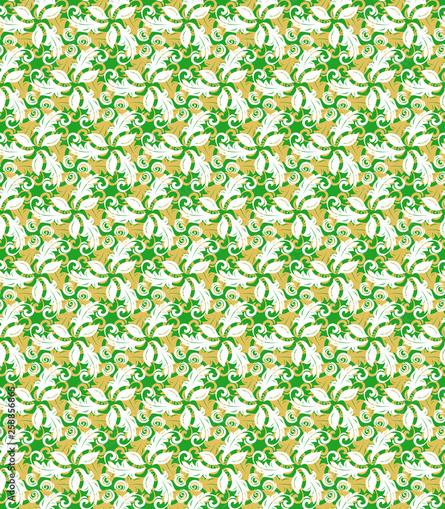 Floral golden and green ornament. Seamless abstract classic background with flowers. Pattern with repeating floral elements