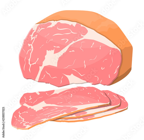 Smoked ham isolated. Piece of delicious pork bacon. Meat gourmet product. Vector illustration in flat style