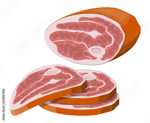 Beef tenderloin. Pork knuckle. Slice of steak, fresh meat. Uncooked pork chop. Vector illustration in flat style