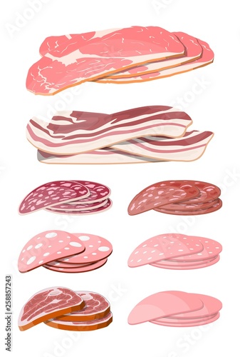 Meat sausage slice set. Cut sausage slices with fat. Boiled smoked meat bacon ham product. Delicatessen gastronomic product of beef pork chicken. Pepperoni salami. Vector illustration flat style
