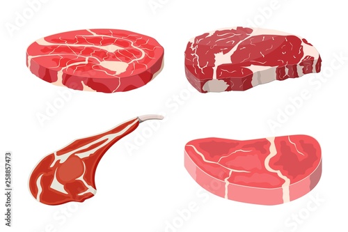 Meat steak collection. Beef tenderloin. Pork knuckle. Slice of steak, fresh meat. Uncooked pork chop. Vector illustration in flat style