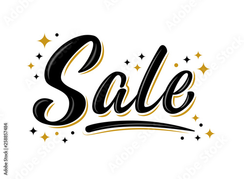 "Sale" bulk lettering sign with stars. Handwritten modern brush lettering on white background. Text for flyer, poster, shopping, selling sign, discount, banner, web, header. Isolated vector