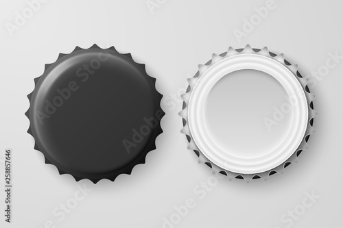Vector 3d Realistic Black Blank Beer Bottle Cap Set Closeup Isolated on White Background. Design Template for Mock up, Package, Advertising. Top and Bottom View