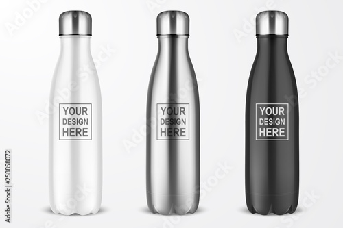 Vector Realistic 3d White, Silver and Black Empty Glossy Metal Reusable Water Bottle with Silver Bung Set Closeup Isolated on White Background. Design template of Packaging Mockup. Front View photo
