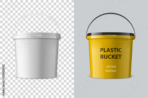 Vector Realistic 3d White Plastic Bucket for Food Products, Paint, Foodstuff, Adhesives, Primers, Putty Isolated. Design Template of Packagin for Mockup. Front view photo