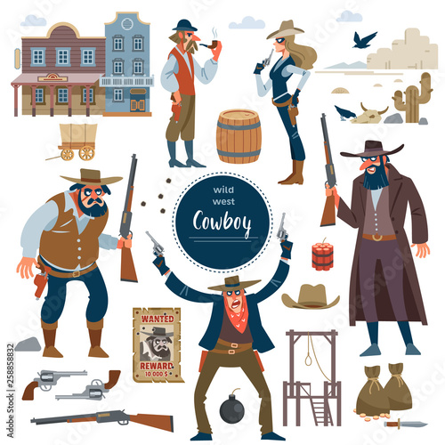Cowboy, wild west set. Flat isolated vector illustration