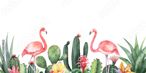 Watercolor vector banner tropical flowers, Flamingo and cacti isolated on white background.