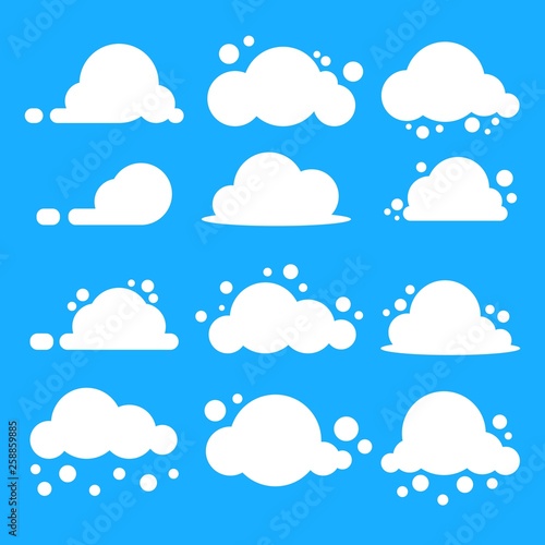 Flat cloud set. White clouds on blue background. EPS10 Vector. © YuriyAlt_Art