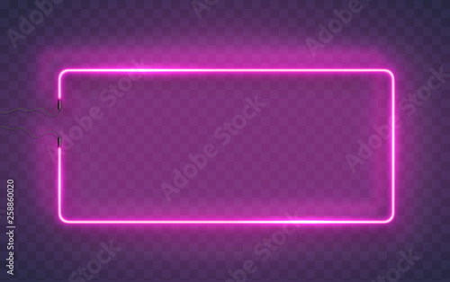 Neon rectangle lamp wall sign isolated on transparent background. Vector pink power glowing bulb banner, light line frame for your design.