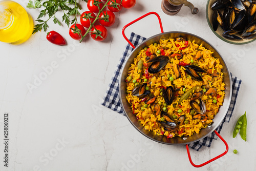 Traditional paella with mussels.